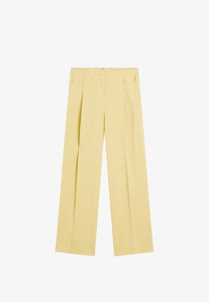 Světle žluté lněné kalhoty s širokým střihem, které mají plisování a hladkou texturu. Pas je čistý a dokončený.