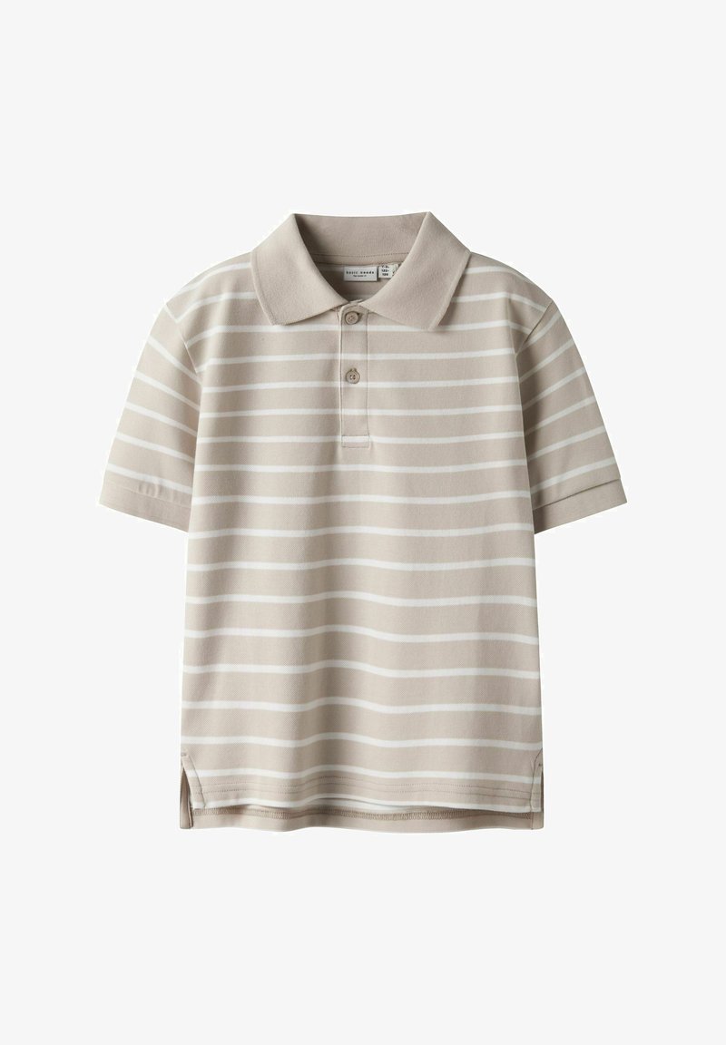 Polohemd in hellem Beige, mit horizontalen weißen Streifen, klassischem Kragen und kurzen Ärmeln. Seitenschlitze am Saum. Weicher Stoff.