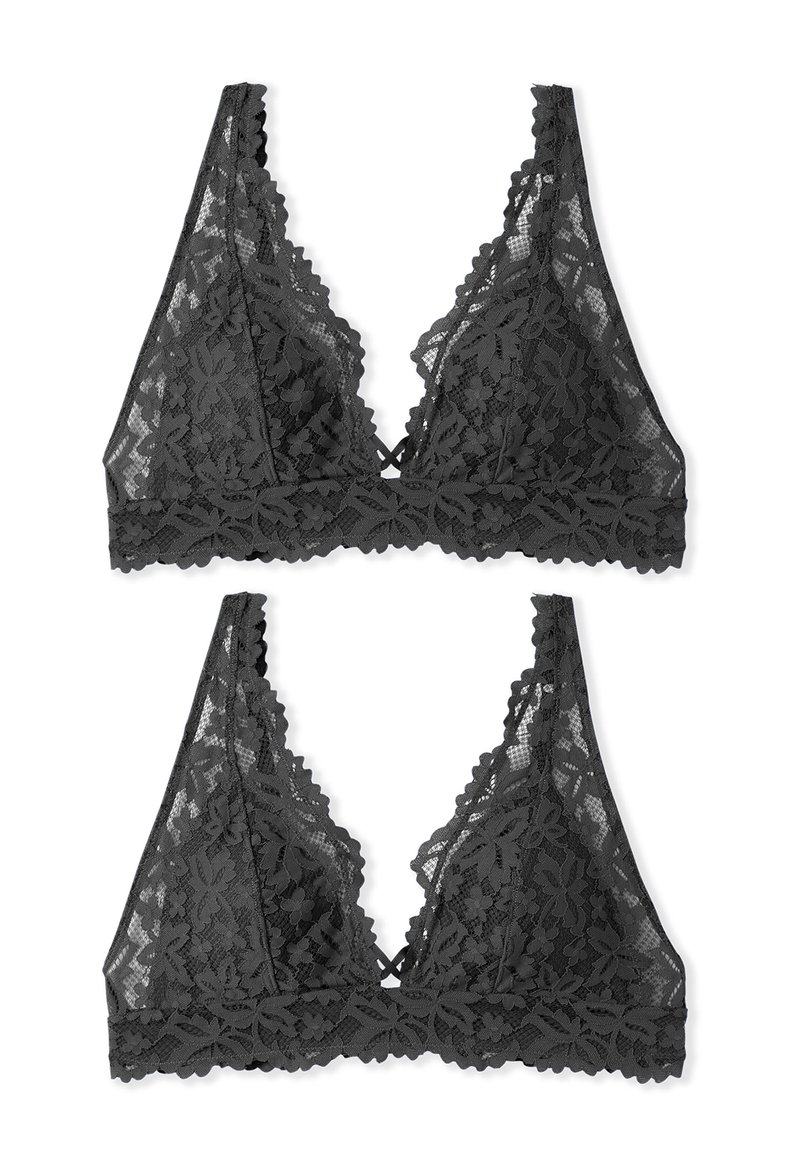 Schwarzes Spitzen-Bralette mit dreieckigen Cups, floralem Muster, geschwungenen Kanten, verstellbaren Trägern und einem überkreuzten Rückendesign.