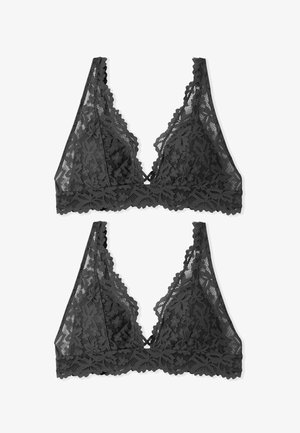Bralette in pizzo nero con coppe triangolari, motivo floreale, bordi smerlati, spalline regolabili e design incrociato sulla schiena.