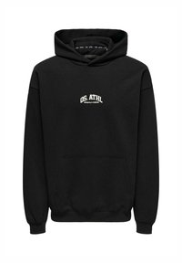 Schwarzer Kapuzenpullover aus Baumwollmischung, mit einer Fronttasche, gerippten Bündchen und einem weißen gestickten Logo auf der Brust.