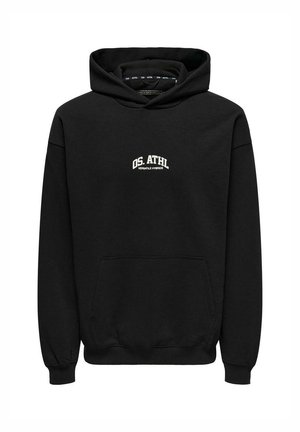 Black hooded sweatshirt made of cotton blend, featuring a front pocket, ribbed cuffs, and white embroidered logo on the chest.