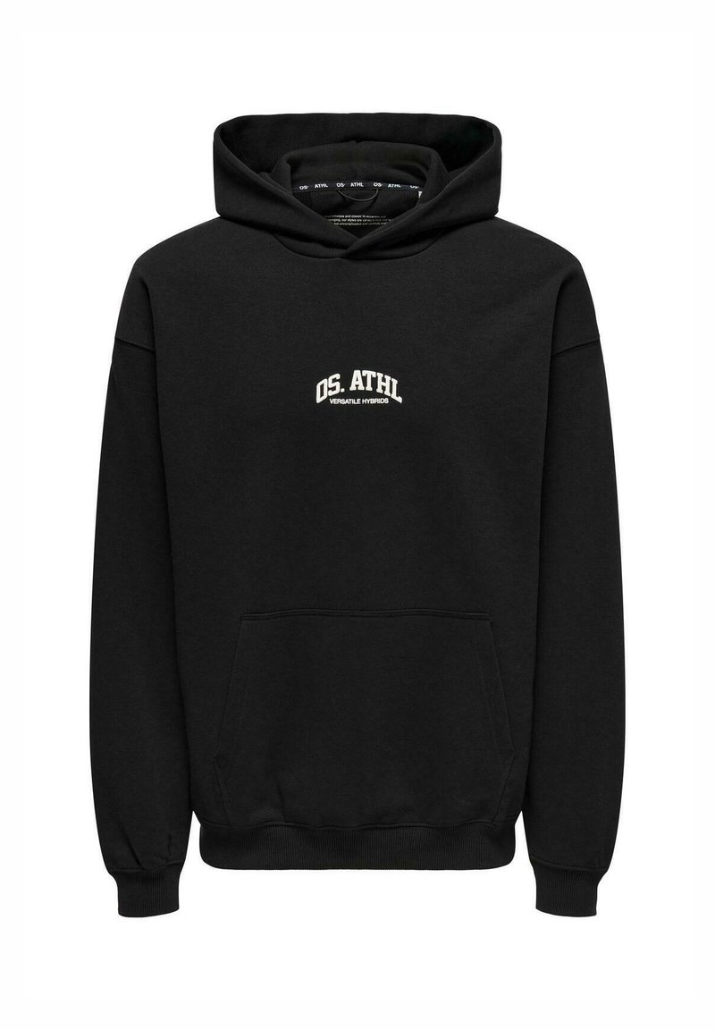 Schwarzer Kapuzenpullover aus Baumwollmischung, mit einer Fronttasche, gerippten Bündchen und einem weißen gestickten Logo auf der Brust.