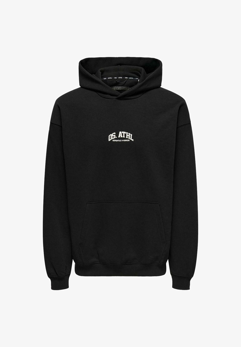 Schwarzer Kapuzenpullover aus Baumwollmischung, mit einer Fronttasche, gerippten Bündchen und einem weißen gestickten Logo auf der Brust.