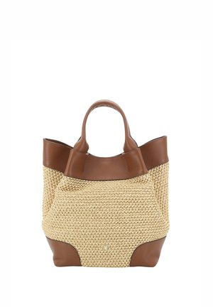 Beiger gewebter Tragetasche mit braunen Lederbesätzen, doppelten Griffen, stabilem Boden und kleinem goldfarbenem Logo nahe der unteren Mitte.