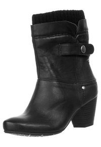 Czarny skórzany botek za kostkę z teksturowaną powierzchnią, dzianinowym mankietem, okrągłym noskiem, bocznym paskiem z zatrzaskiem oraz obcasem warstwowym. Gładkie wykończenie z metalicznym akcentem.