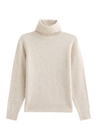 Suéter beige de cuello alto hecho de una suave tela texturizada. Cuenta con mangas largas, un cuello acanalado y un dobladillo recto. Diseño sencillo.