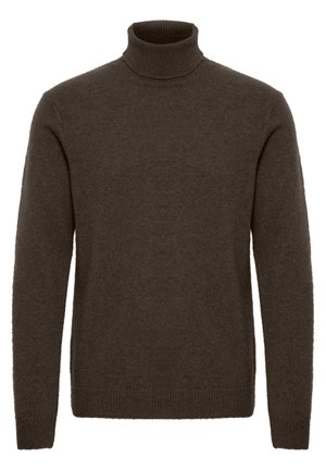 Brązowy sweter typu golf wyk wykonany z miękkiego dzianinowego materiału. Posiada dopasowany krój, długie rękawy oraz ściągacze przy mankietach i dolnym brzegu. Prosty i klasyczny design.