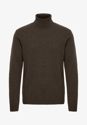 Brun højhalset sweater lavet af blødt strikmateriale. Har en tætsiddende pasform, lange ærmer og ribbede manchetter og kant. Enkel og klassisk design.