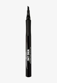 Lápiz de delineador de ojos líquido negro con un aplicador de fieltro de punta angulada y fina. El cuerpo cilíndrico presenta texto de marca en blanco y un acabado mate.