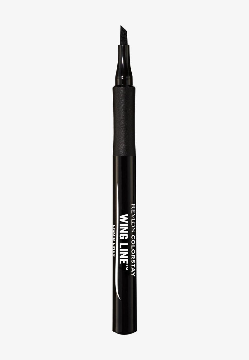 Lápiz de delineador de ojos líquido negro con un aplicador de fieltro de punta angulada y fina. El cuerpo cilíndrico presenta texto de marca en blanco y un acabado mate.
