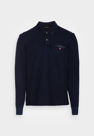 Polo bleu marine à manches longues avec deux boutons, petit texte blanc et logo drapeau rouge-blanc-bleu sur la poitrine gauche.