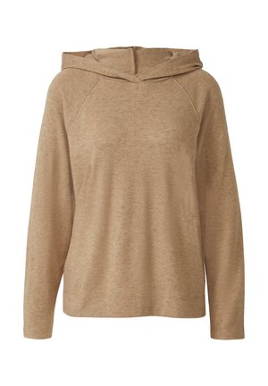 Felpa con cappuccio beige in tessuto texturizzato, maniche raglan e vestibilità morbida. L'orlo e i polsini sono svasati per una finitura aderente.