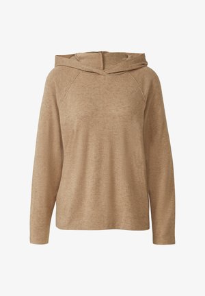 Bež kapuutsviiter, millel on tekstuuriga kangas, raglanvarrukad ja vabam lõike. Varrukate ja allääre osa on kitsendatud tiheda viimistluse saavutamiseks.