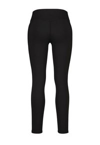 Svarta leggings med hög midja, kroppsnära passform, slät textur och inga synliga fickor eller utsmyckningar.