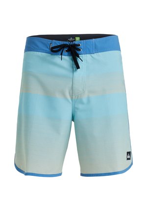 Blue and light blue striped swim shorts made of quick-drying fabric with a drawstring waist and elastic opening. Features a logo patch.