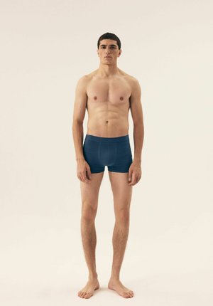 Blaue Boxer-Briefs aus Stretchstoff, mit einem figurschmeichelnden Design und einem weichen Bund. Das Modell steht barfuß vor einem neutralen Hintergrund.