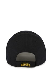 Cappellino da baseball nero con visiera piatta, cinturino in tessuto sul retro e ricamo giallo "BOSTON BRUINS" sulla parte posteriore. Texture liscia.