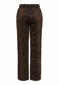 Buks i leopardmønster med et brunt og sort mønster, elastisk talje, lige ben-design, lavet af blødt stof.