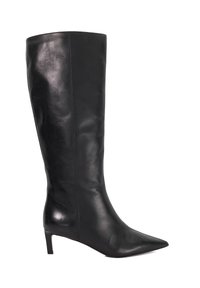 Black leather knee-high boot with a pointed toe and a low heel. Smooth texture and sleek design, featuring minimal stitching and accents.