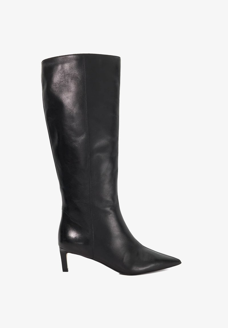 Black leather knee-high boot with a pointed toe and a low heel. Smooth texture and sleek design, featuring minimal stitching and accents.