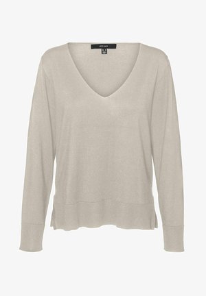 Maglione beige a maglia con scollo a V, maniche lunghe, spacchetti laterali e polsini a coste; texture morbida con una vestibilità leggermente rilassata.