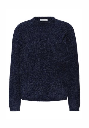 Maglione blu navy realizzato in un tessuto testurizzato con scollo rotondo e maniche lunghe; presenta una vestibilità comoda e polsini e orlo a costine.