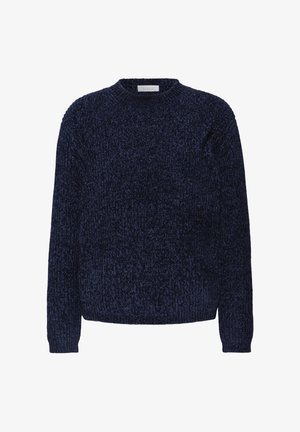 Maglione blu navy realizzato in un tessuto testurizzato con scollo rotondo e maniche lunghe; presenta una vestibilità comoda e polsini e orlo a costine.