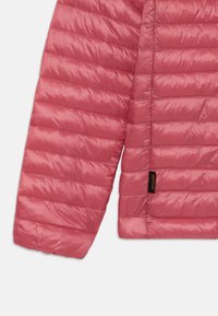 Light pink puffer jacket with horizontal quilting, smooth texture, and a recycled fabric tag on the side. Streamlined, modern design.