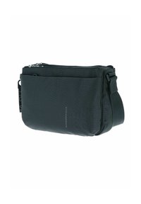Borsa a messaggero verde scuro realizzata in nylon durevole, con superficie testurizzata, chiusura con zip e tracolla regolabile per maggiore comodità.