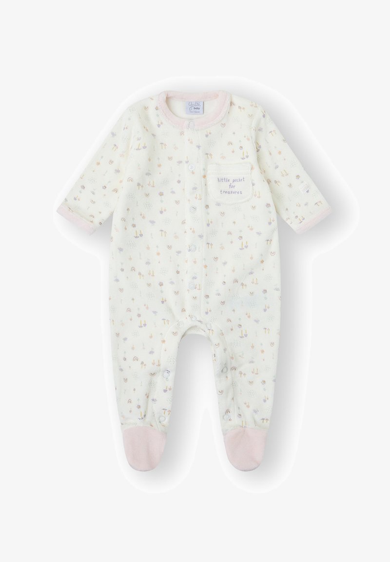 Pelele para bebé color crema con estampados en tonos pastel, mangas largas, botones a presión y un pequeño bolsillo frontal etiquetado como "pequeño bolsillo para tesoros". Puños y pies en color rosa.