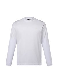 Weißes Langarmshirt aus Baumwolle. Rundhalsausschnitt, reguläre Passform, mit kleinem Logo auf der linken Brust. Glatte Textur, minimalistisches Design.