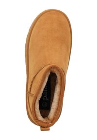 Pantofole in pelle scamosciata marrone con rivestimento interno morbido, punta arrotondata e pannelli elastici laterali. Presentano un asola sul tallone per facilitare l'inserimento.