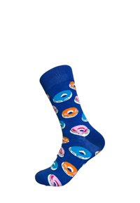 Calzino blu con motivi di ciambelle colorate in rosa, arancione e blu sparsi su tutta la superficie.