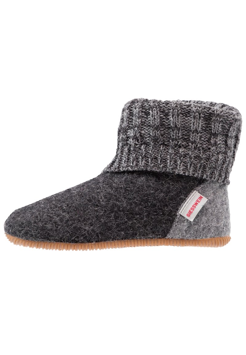 Graue Hausschuh mit gestricktem Schaft, versehen mit einem kontrastierenden grauen Paneel, gummierter Sohle und einem kleinen Markenschild an der Seite.