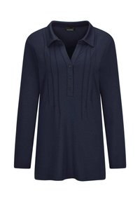 Navy langärmliges Poloshirt mit Knopfleiste, Kragen und vertikalen Falten an der Vorderseite. Weicher Stoff mit entspannter Passform.