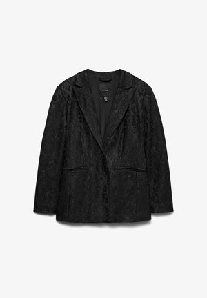 Melnā mežģīņu žakete ar divu pogu priekšpusi, atloku apkakli un divām priekšējām kabatām, ar teksturētu audumu un gludu iekšējo oderi.