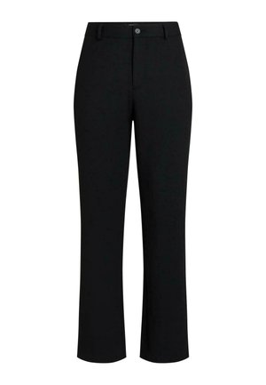 Schwarze gerade geschnittene Hose mit Gürtelschlaufen, Frontknopf und Reißverschluss, vor weißem Hintergrund präsentiert.