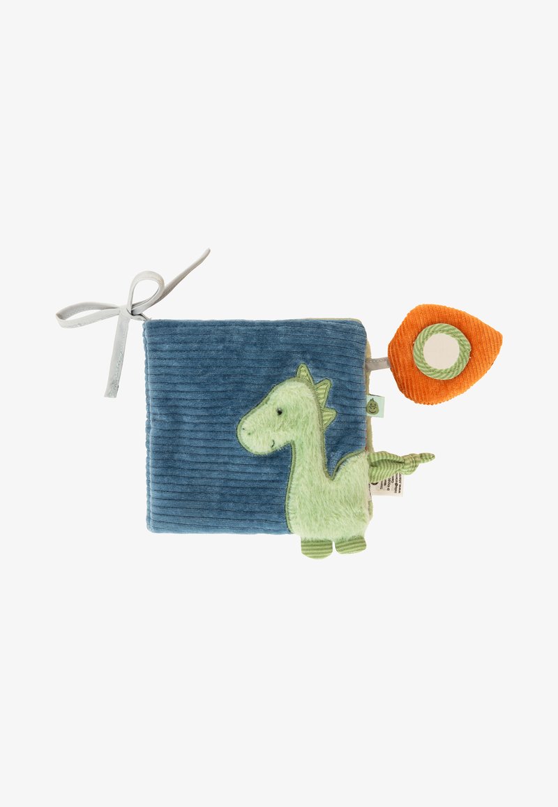 Soft fabric book with blue corduroy cover, featuring a green dragon embroidered design and an orange teething toy on the side.