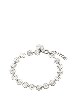 Silver flower-linked bracelet with adjustable chain and lobster clasp, featuring a small round tag engraved with "PURELEI."