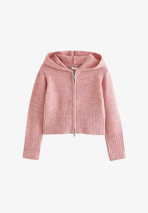Pink strikket lynlås-hoodie med ribkantede manchetter og kant, lange ærmer og hætte.