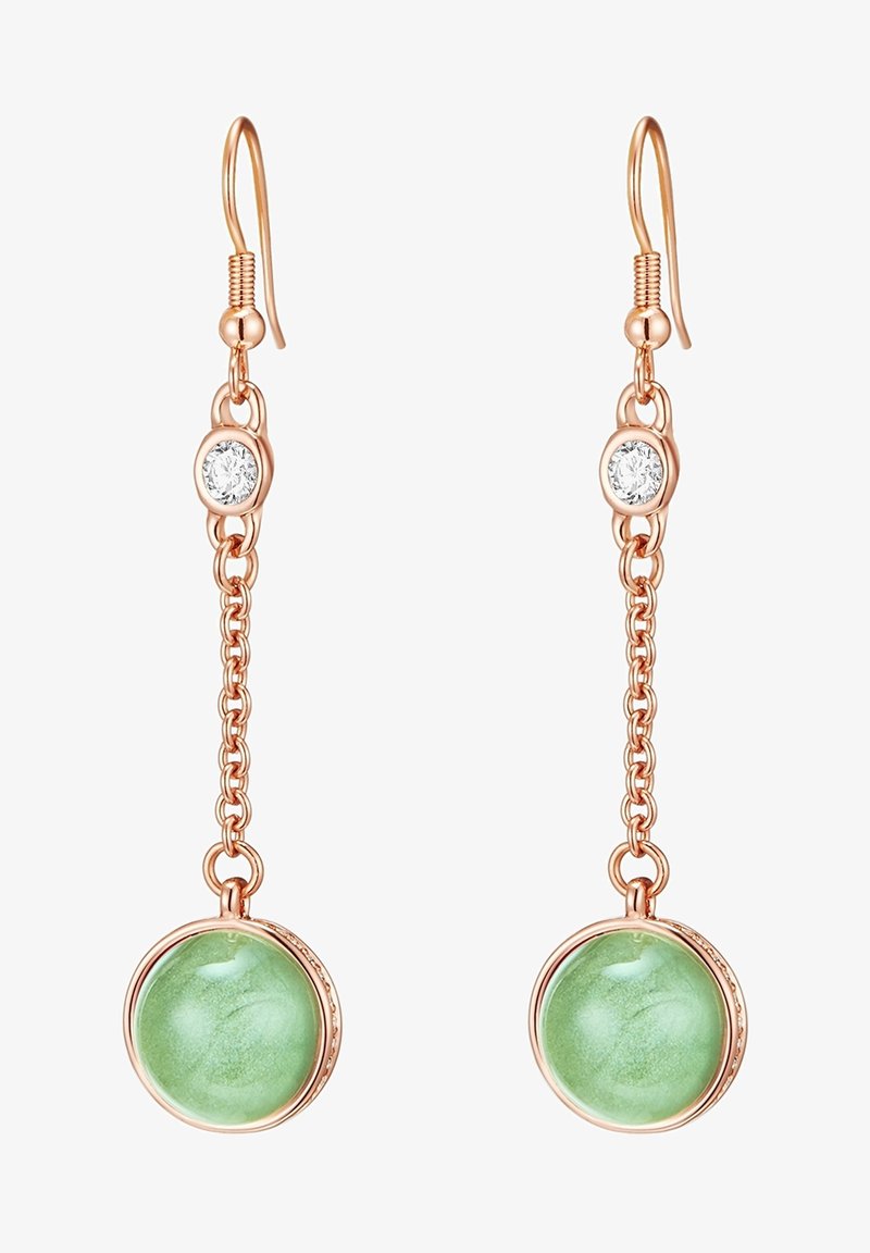 Rožinė auksinės auskarai su grandinės dizainu, su apvaliais žaliais akmenimis ir sidabriniais akcentais viršuje. Lygi tekstūra ir blizgus paviršius.