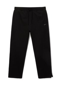 Schwarze Sweatpants mit elastischem Bund, zwei seitlichen Taschen und einem schmal zulaufenden Bein-Design sowie einem einfachen Logo in der Nähe der Tasche.