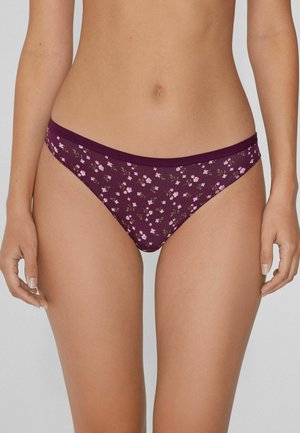 Bloemmotieven bikini-bottoms in diep bordeauxrood met een zachte elastische tailleband. Heeft kleine roze bloemen en groene accenten door het geheel.