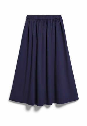 Marineblauwe rok tot op de knie met elastische tailleband en zachte plooien, weergegeven op een witte achtergrond.