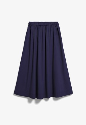 Gonna blu mare, lunghezza al ginocchio, con vita elasticizzata e morbide pieghe, mostrata su sfondo bianco.