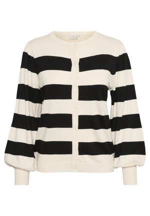 Zwart-wit gestreepte cardigan met een ronde hals, knoopsluiting en pofmouwen. Gemaakt van zacht breimateriaal.
