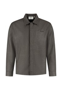 Langsleeve button-up shirt van donkergrijze textuurstof, met een kraag en een klein geborduurd logo op de linkerkant van de borst.