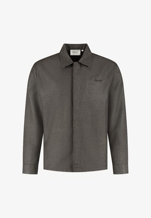Langsleeve button-up shirt van donkergrijze textuurstof, met een kraag en een klein geborduurd logo op de linkerkant van de borst.