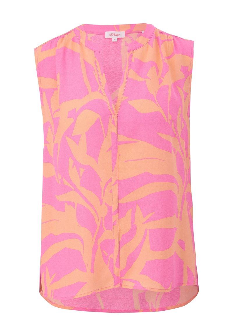 Top sin mangas con un patrón de hojas en tonos rosa y naranja, hecho de una tela ligera, con un corte relajado y escote en V con ligeras aberturas laterales.